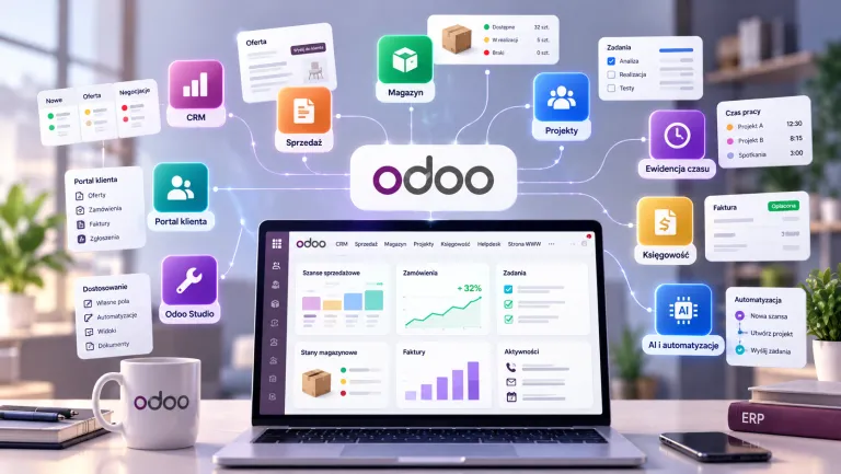 Laptop z pulpitem Odoo otoczony ikonami modułów: CRM, sprzedaż, magazyn, projekty, portal klienta, księgowość, ewidencja czasu, Odoo Studio oraz AI i automatyzacje