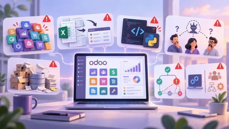 Laptop z pulpitem Odoo otoczony planszami symbolizującymi błędy wdrożeniowe: nadmiar modułów, przenoszenie Exceli, własny kod, brak decyzyjności, bałagan w danych i chaotyczne procesy