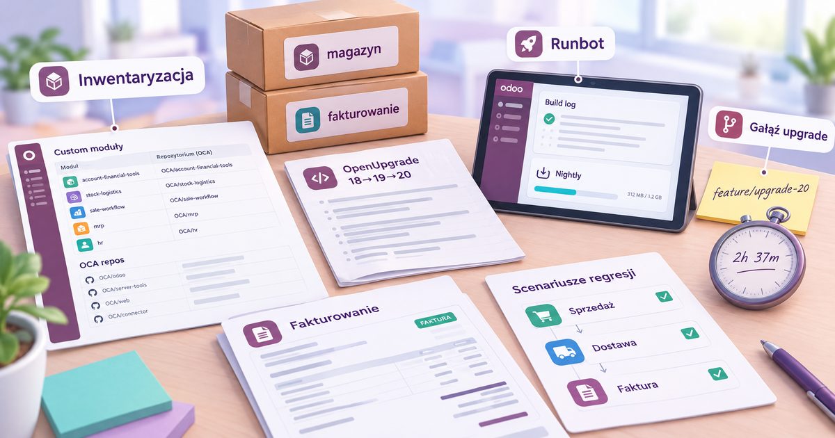 Na stole leży lista modułów i repozytoriów OCA, wydruk skryptu OpenUpgrade, mały ekran z logiem Runbot, paczki oznaczone obszarami oraz karteczka 'feature/upgrade-20'.