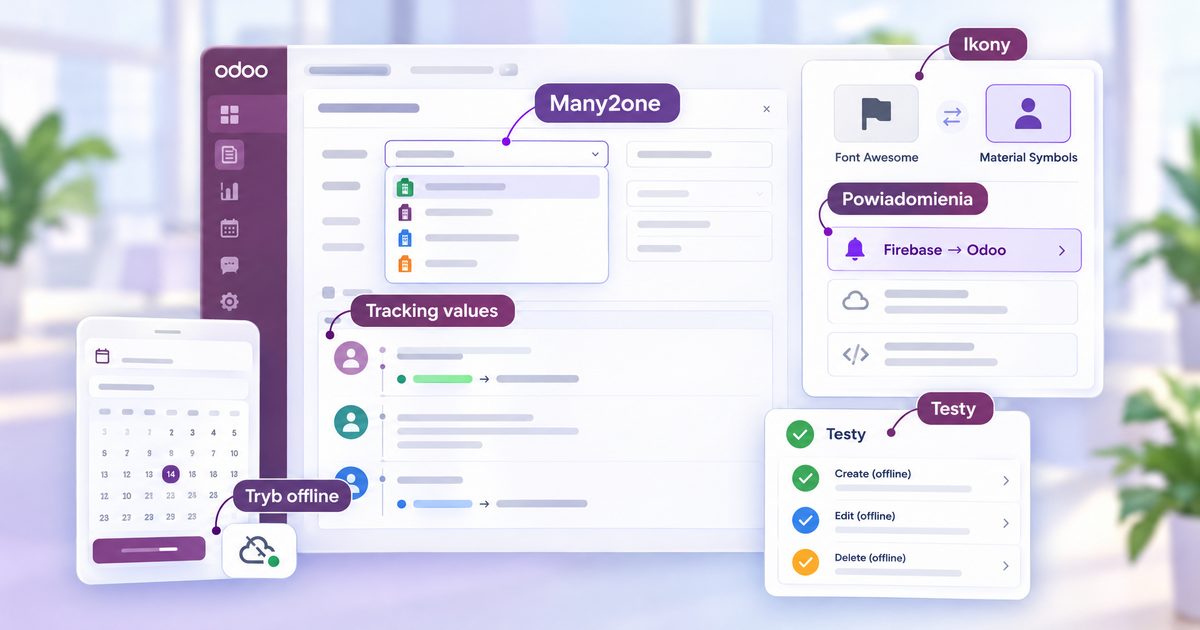 Zbliżenie ekranu formularza Odoo z widocznym in-body tracking, otwartym many2one, panelem ikon (Material Symbols) oraz małym podglądem bottom-sheet i listą testów regresyjnych.