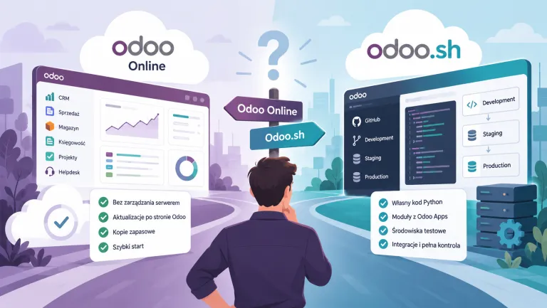 Osoba na rozdrożu między Odoo Online (gotowy panel z modułami CRM, sprzedaż, magazyn) a Odoo.sh (GitHub, własny kod, środowiska Development, Staging i Production)